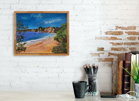 Early morning at Aslings beach north of Eden, admiring the sandstone cliffs in the distance, people strolling along the slightly cool sand with the  white tower of the killer whale museum peeking through natural Australian bush