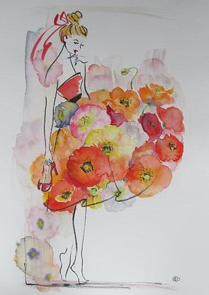 (CreativeWork) Fashion illustration, Poppy flower by Iko Maddox. Watercolour. Shop online at Bluethumb.