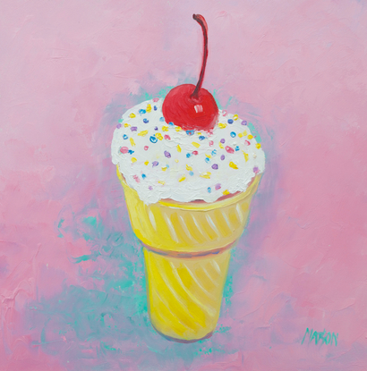 painting of a luscious ice cream cone with a cherry and sprinkles on top.