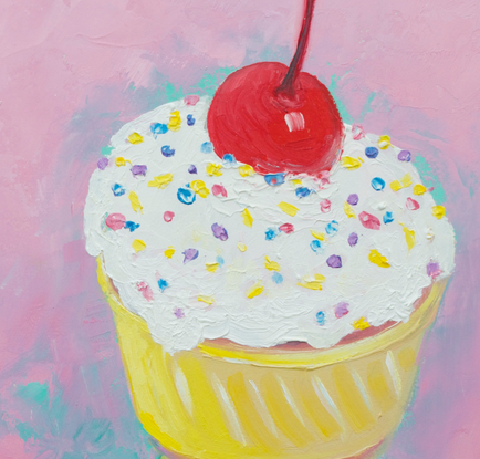 painting of a luscious ice cream cone with a cherry and sprinkles on top.