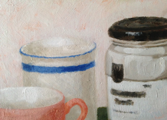 (CreativeWork) Still Life with Two Tea Cups and Jar by Shellie Cleaver. Oil. Shop online at Bluethumb.