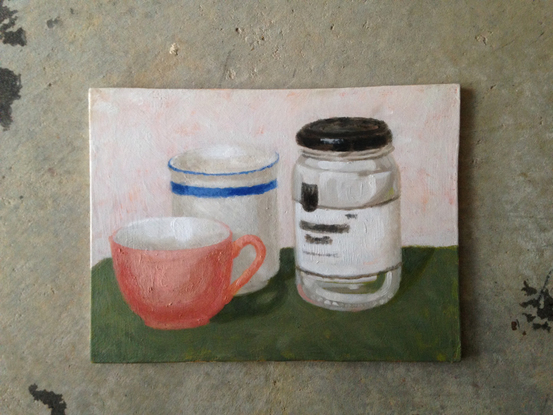 (CreativeWork) Still Life with Two Tea Cups and Jar by Shellie Cleaver. Oil. Shop online at Bluethumb.