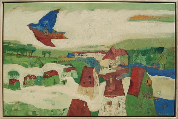 Fantasy romantic picture of a countryside. Naive houses, church and blue bird flying above.