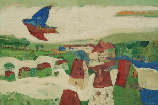 Fantasy romantic picture of a countryside. Naive houses, church and blue bird flying above.