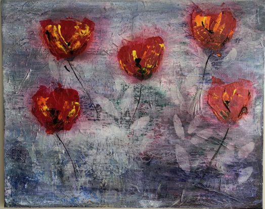 (CreativeWork) 5 Poppies by Michael Michael. Acrylic. Shop online at Bluethumb.