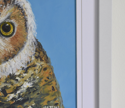 Framed painting of a barn owl on a blue background