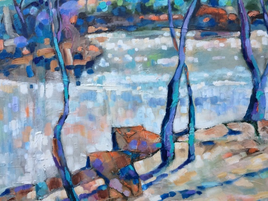 (CreativeWork) A mosaic landscape 2 by sue bannister. Oil. Shop online at Bluethumb.