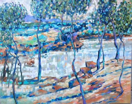 (CreativeWork) A mosaic landscape 2 by sue bannister. Oil. Shop online at Bluethumb.