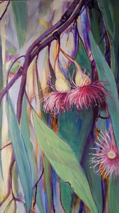 (CreativeWork) Pink Blossoms by Lyn Watts. Acrylic. Shop online at Bluethumb.