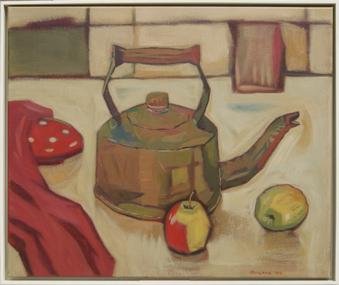 Still life with vintage teapot and apples.