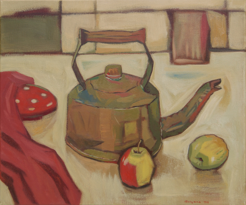 Still life with vintage teapot and apples.