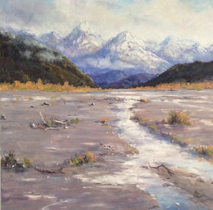 (CreativeWork) On the Dart River. Glenorchy. South Island. N.Z. by Barry Back. Oil. Shop online at Bluethumb.