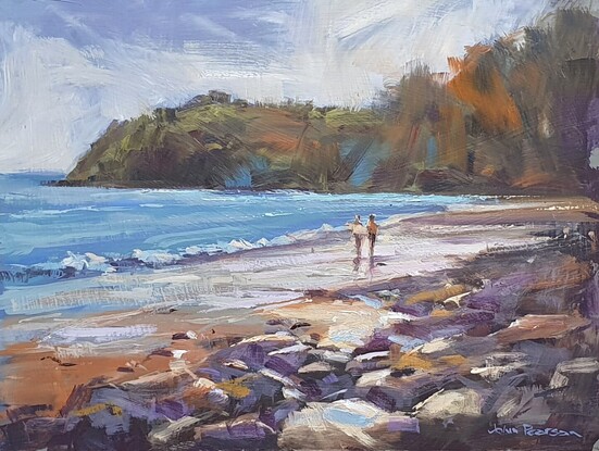 Painted on site - two mates walk up the beach after enjoying a morning surf in Noosa.