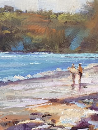 Painted on site - two mates walk up the beach after enjoying a morning surf in Noosa.