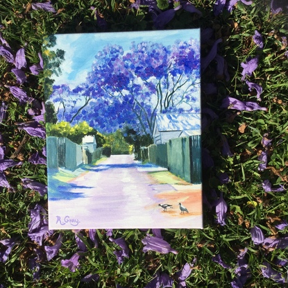 (CreativeWork) Jacaranda Laneway by Robyn Gray. Acrylic. Shop online at Bluethumb.