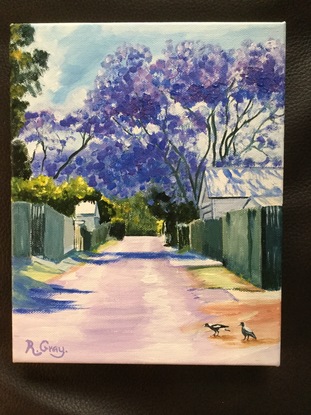 (CreativeWork) Jacaranda Laneway by Robyn Gray. Acrylic. Shop online at Bluethumb.