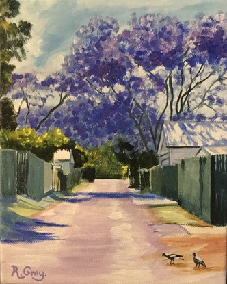 (CreativeWork) Jacaranda Laneway by Robyn Gray. Acrylic. Shop online at Bluethumb.