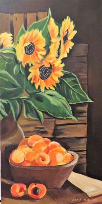 (CreativeWork) "Apricots and sunflowers" by Seva Popa. Acrylic. Shop online at Bluethumb.