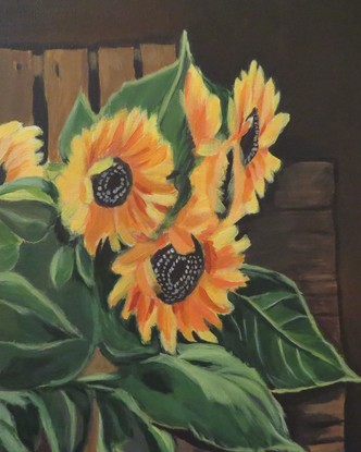 (CreativeWork) "Apricots and sunflowers" by Seva Popa. Acrylic. Shop online at Bluethumb.