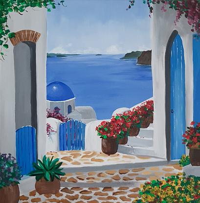 (CreativeWork) Little Santorini by Stefanie Calos. Acrylic. Shop online at Bluethumb.