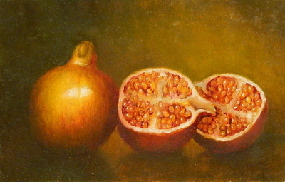 (CreativeWork) Study; "Pomegranate and one halved" - Framed ready to hang by Jos Kivits. Oil. Shop online at Bluethumb.