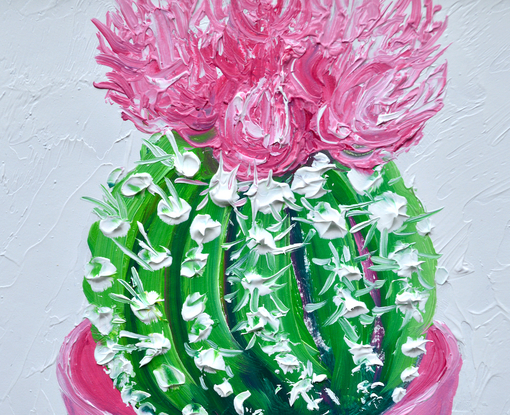 painting of a pink flowering cactus in a pink pot