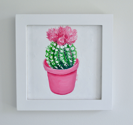 painting of a pink flowering cactus in a pink pot