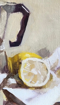 (CreativeWork) Coffee Pot and Lemons by Ray Wilson. Oil. Shop online at Bluethumb.