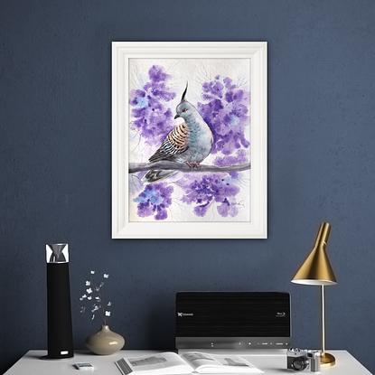 (CreativeWork) Crested pigeon on jacaranda — framed original watercolour by Irina Redine. Watercolour. Shop online at Bluethumb.