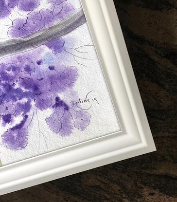 (CreativeWork) Crested pigeon on jacaranda — framed original watercolour by Irina Redine. Watercolour. Shop online at Bluethumb.