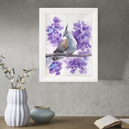 (CreativeWork) Crested pigeon on jacaranda — framed original watercolour by Irina Redine. Watercolour. Shop online at Bluethumb.