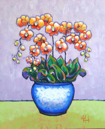 Orange Orchids in Blue-White Pot 