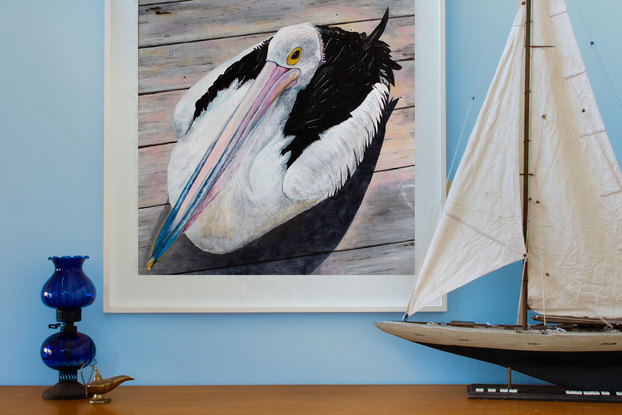 A pelican sitting on weathered wooden deck