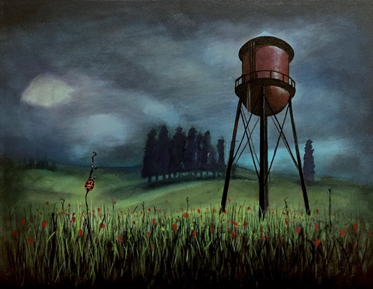 (CreativeWork) The Water Tower and The Ladybug by Ross Morgan. Acrylic. Shop online at Bluethumb.