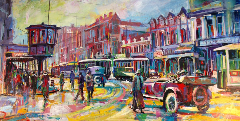 (CreativeWork) Wellesley Street 1919, Auckland NZ by Jos Coufreur. Acrylic. Shop online at Bluethumb.