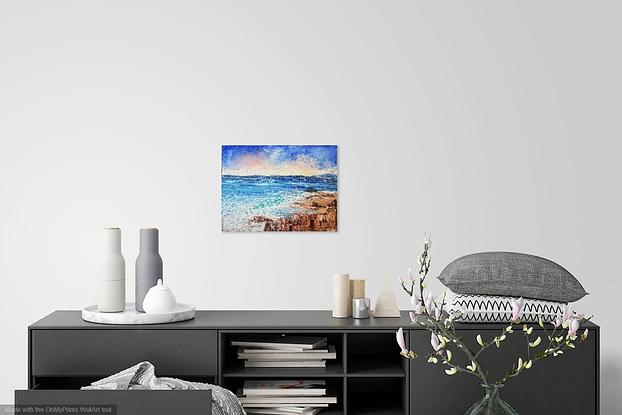 (CreativeWork) Sun coming up on rocks beach by Carmen Iglesias. Oil. Shop online at Bluethumb.