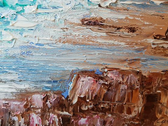 (CreativeWork) Sun coming up on rocks beach by Carmen Iglesias. Oil. Shop online at Bluethumb.