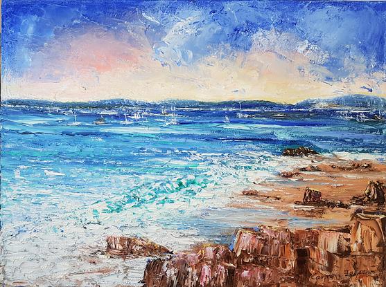 (CreativeWork) Sun coming up on rocks beach by Carmen Iglesias. Oil. Shop online at Bluethumb.