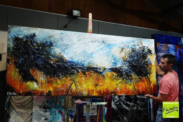 (CreativeWork) Blue Sienna 240cm x 100cm Blue Yellow Sienna Golden Abstract Textured  art FRANKO  by _Franko _. Mixed Media. Shop online at Bluethumb.