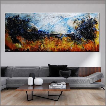 (CreativeWork) Blue Sienna 240cm x 100cm Blue Yellow Sienna Golden Abstract Textured  art FRANKO  by _Franko _. Mixed Media. Shop online at Bluethumb.