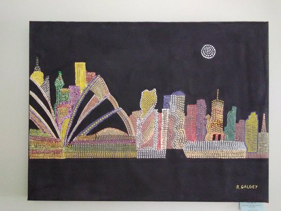 (CreativeWork) Opera House and Sydney skyline in colour. by Robert Galgey. Acrylic. Shop online at Bluethumb.