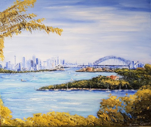 (CreativeWork) Sydney Harbour from Taronga by Carmen Iglesias. Oil. Shop online at Bluethumb.