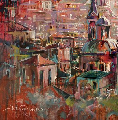 View over Rome rooftops in vibrant colours. 

I paint with large brushes and bold loose brush strokes. 

My style is Spontaneous Realism and Pop Art. 