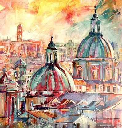 View over Rome rooftops in vibrant colours. 

I paint with large brushes and bold loose brush strokes. 

My style is Spontaneous Realism and Pop Art. 