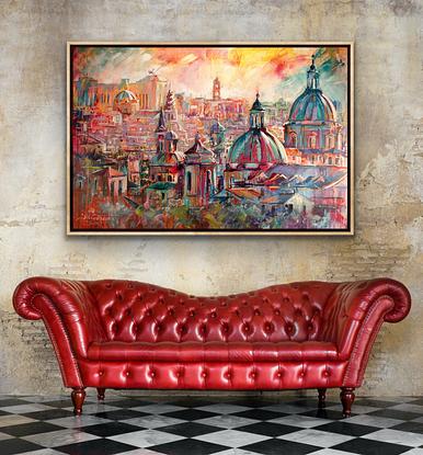 View over Rome rooftops in vibrant colours. 

I paint with large brushes and bold loose brush strokes. 

My style is Spontaneous Realism and Pop Art. 