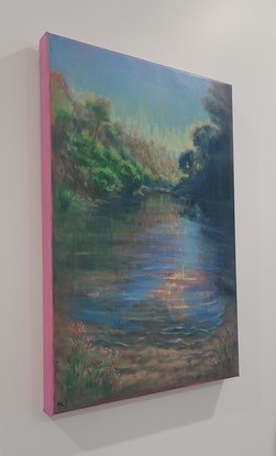 (CreativeWork) PINK Series - A waterhole amongst a valley of gumtrees by Marin Loo. Oil. Shop online at Bluethumb.