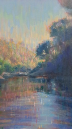 (CreativeWork) PINK Series - A waterhole amongst a valley of gumtrees by Marin Loo. Oil. Shop online at Bluethumb.