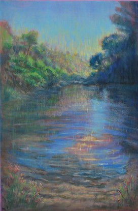 (CreativeWork) PINK Series - A waterhole amongst a valley of gumtrees by Marin Loo. Oil. Shop online at Bluethumb.