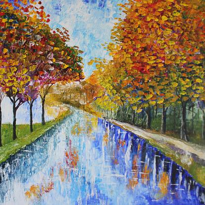 (CreativeWork) Autumn lake by Sashi Muhunthan. Acrylic. Shop online at Bluethumb.