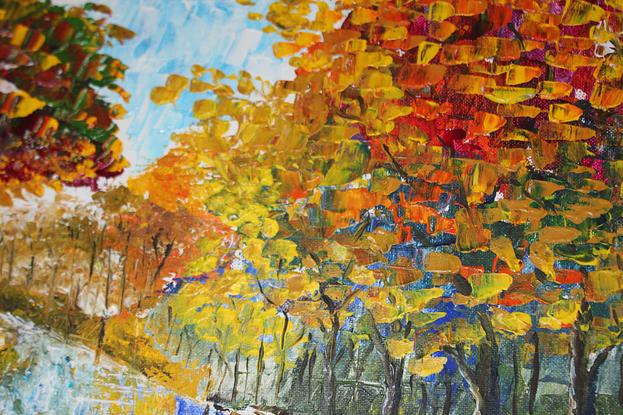 (CreativeWork) Autumn lake by Sashi Muhunthan. Acrylic. Shop online at Bluethumb.